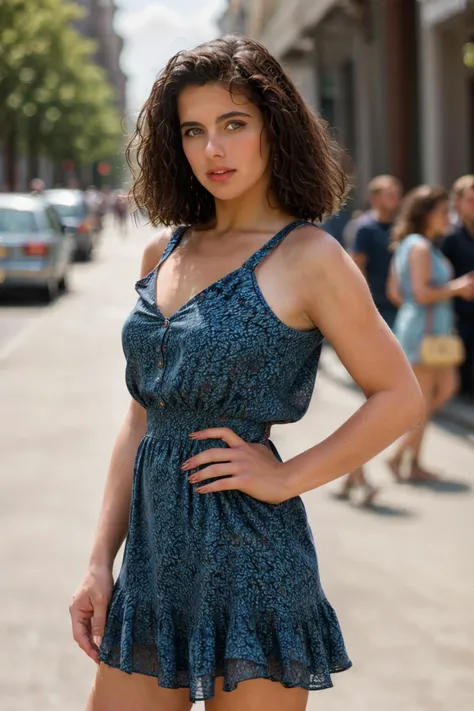 <lora:angelicabella:0.8>, full color portrait of a young woman, wearing a summer dress, in a crowded street, natural light, raw ...