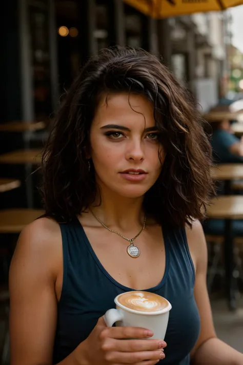 <lora:angelicabella:0.8>, full color portrait of a young woman, having coffee at a vintage cafe, natural light, raw photo, subje...