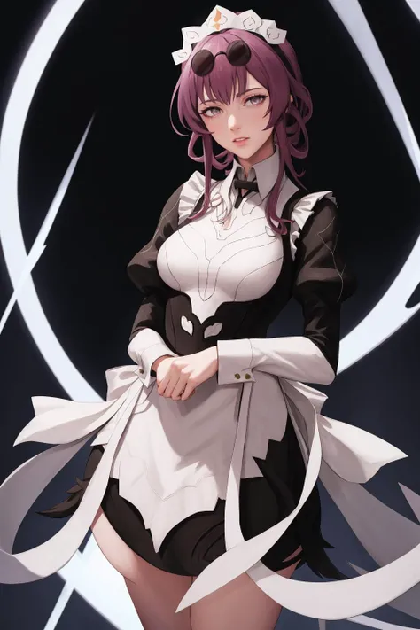 a woman in a maid outfit standing in front of a circular light