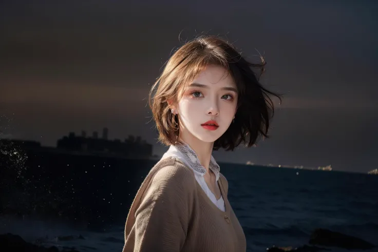 1girl, seaside, waves, sunrise, backlighting, lens flare, wind,(upper body:1.5),(off shoulders, brown shirt:1.1), (short hair,floating hair, rouge (makeup), beautiful detailed eyes, earrings:1.1), <lora:MengX girl_Mix_v30:1>,