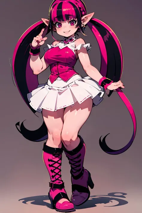 <lora:Zankuro_Style_v4:0.8>,
((masterpiece,best quality)), absurdres,
medium breasts, 
<lora:Draculaura_Anime:0.8>, Draculaura_MH, pink top, black hair, pink hair, multicolored hair, pointy ears, white skirt, pink knee boots, smiling, contrapposto