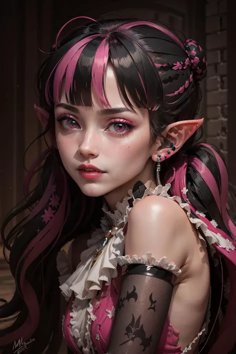 ((masterpiece,best quality)), 
<lora:Draculaura_Anime:0.8>, Draculaura_MH, black hair, pink hair, multicolored hair, pointy ears,
upper body, extremely detailed face, blushing,