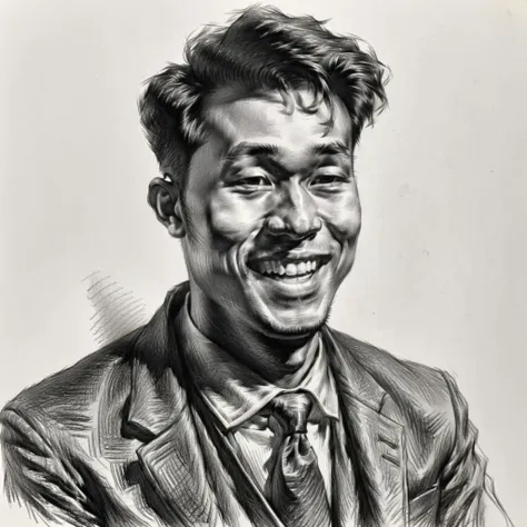 <lora:PortraitSketch:1> portrait sketch, man wearing a suit jacket, smiling, twenty one years old