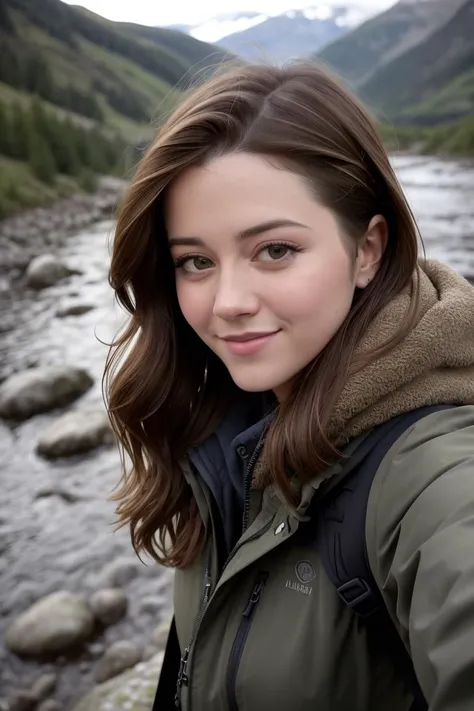 ((selfie)) photo of (m3w1nst34d:0.99), smiling, outdoors, mountains, wearing a backpack, sweater, hiking jacket, rocks, river, wood, analog style (look at viewer:1.2) (skin texture), close up, cinematic light, sidelighting, Fujiflim XT3, DSLR, 50mm