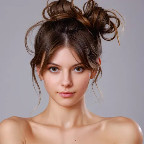 a close up of a woman with a messy top knot