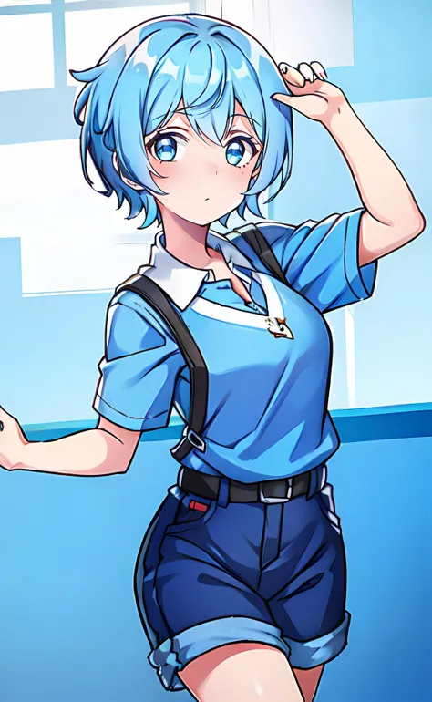 1girl, short hair, blue hair, blue eyes, short sleeves