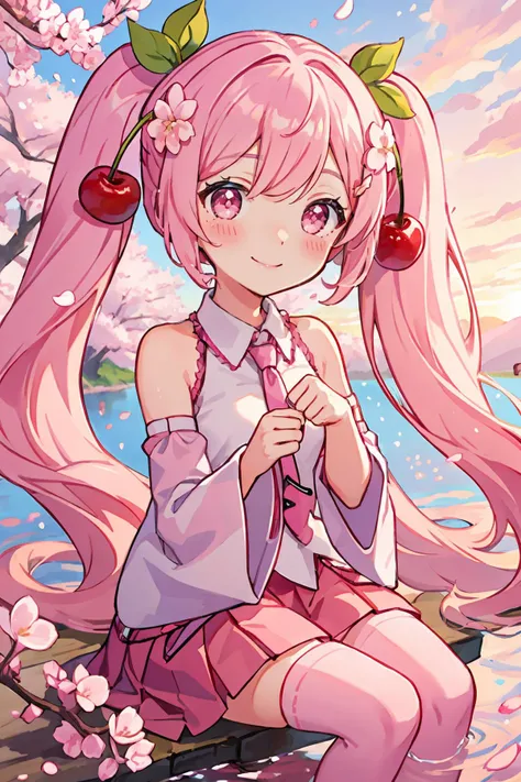 best quality), (detailed background), (detailed face), ((cinematic light)), 
 <lora:hatsunemiku1:0.7>, 01 tattoo, sakuramiku, upper body, smile, blush, sitting, ((cherry blossoms)), ((pink sleeve)), pink tone, ((pink stockings)), pink sky, sunset, lake, re...