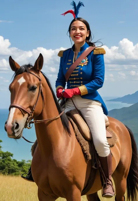 woman in blue jacket riding a horse in a field with mountains in the background