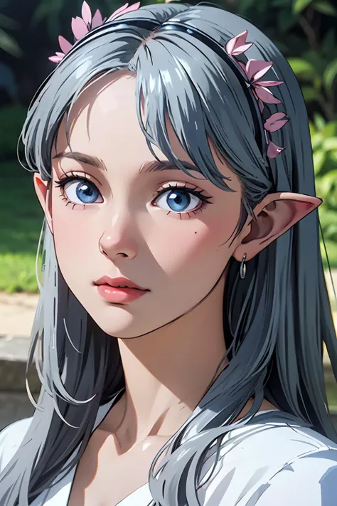 hyper-realistic portrait of a mysterious woman with flowing silver hair, piercing blue eyes, and a delicate floral crown, pointy ears, earrings,