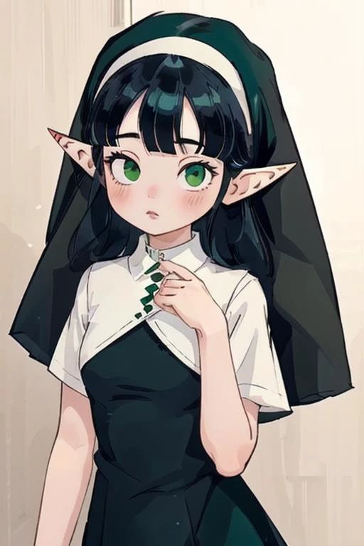 <lora:Nun dress_20230731110127:0.75> Nun dress, black dress,, <lora:Fei_Ciel:0.7> Fei Ciel, elf ears, green eyes, black hair,