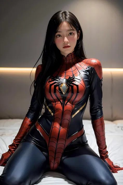 a woman in a spider - man suit sitting on a bed