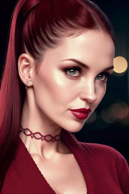 photo of carlap:0.99, closeup portrait, hair updo, lipstick, sideface, (cleavage, sweater), dark moody ambience, (masterpiece:1.2) (photorealistic:1.2) (bokeh) (best quality) (detailed skin:1.2) (intricate details) (nighttime) (8k) (HDR) (cinematic lightin...