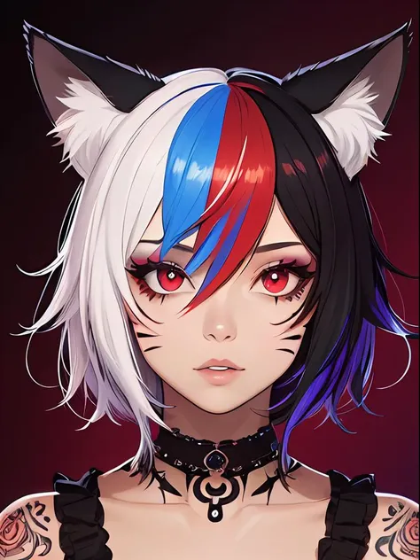 1girl, rainbow hair, cat ears, animal ears, animal ear fluff, emo punk style, makeup, dark skin, facial mark, hair between eyes,lips, looking at viewer,neck tattoo, parted lips, red eyes, red hair, short hair, slit pupils, solo,