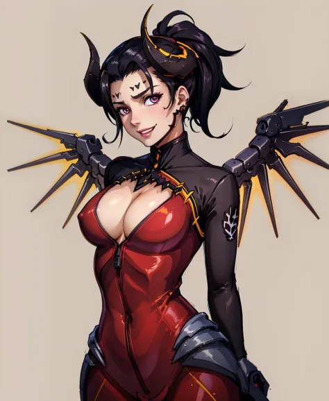 masterpiece, best quality, <lora:devilmercy-nvwls-v1:0.9> devilmercy, black hair, demon horns, forehead mark, red sleeves, red bodysuit, long sleeves, innerboob:1.2, cleavage, upper body, red gloves, pelvic curtain, mechanical wings, cowboy shot, large bre...