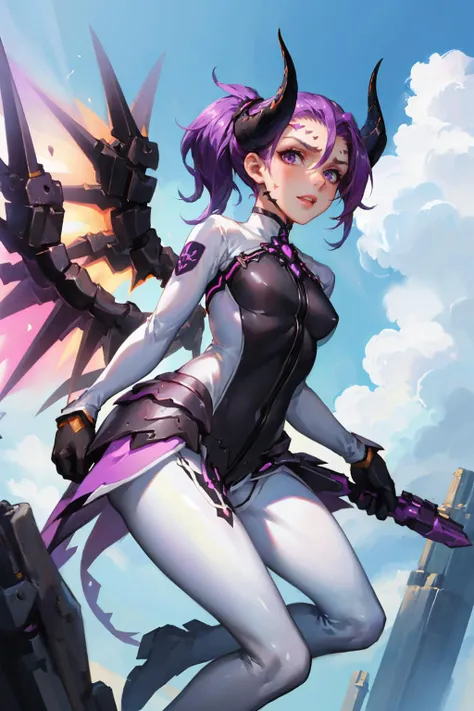 masterpiece, best quality,  <lora:devilmercy-nvwls-v1-000008:0.9> impmercy, purple hair, demon horns, forehead mark, white sleeves, black bodysuit, long sleeves, black gloves, white leggings, (purple wings:1.4), blue sky, clouds, furrowed brow, clenched te...