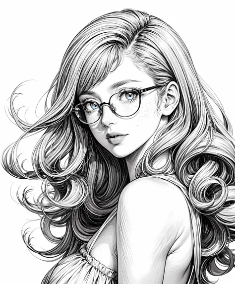 (masterpiece, top quality, best quality, official art, beautiful and aesthetic:1.2),
1girl, adult woman,
close up shot ,
leaning right ,
platinum blonde hair, blonde eyebrows, shoulder length curly hair ,
medium breasts, glasses ,
nsfw,
sundress ,
lips clo...