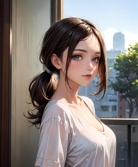 (masterpiece, top quality, best quality, official art, beautiful and aesthetic:1.2),
1girl, adult woman,
close up photo ,
unique angle view ,
brown hair , single pony tail,
medium breasts, ,
nsfw,
casual clothes ,
closed mouth, subtle lipstick, 
happy , ,
...