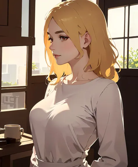 (masterpiece, top quality, best quality, official art, beautiful and aesthetic:1.2)
1girl, adult woman, medium breasts, lips closed, beautiful eyes,
upper body photo, 
hands behind back, 
platinum blonde hair, (blonde eyebrows),  shoulder length curly hair...