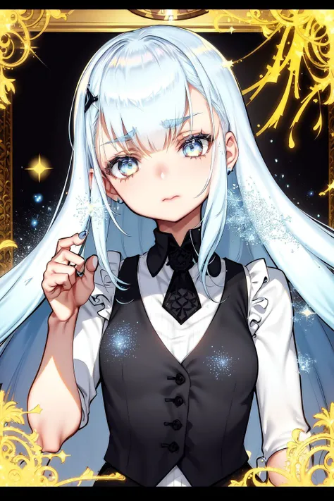 solo, mature female, worried, light blue hair, blunt bangs, cream eyes, black vest, glitter particles, Solidago (flower), floral background <lora:choco_(chocolate_shop)_style_v01:1>