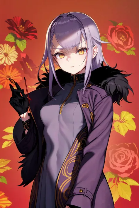 solo, mature female, :/, purple hair, flower-shaped hair, yellow eyes, red fur-trimmed coat, sunbeam, Adams-needle (flower), floral background <lora:choco_(chocolate_shop)_style_v01:1>