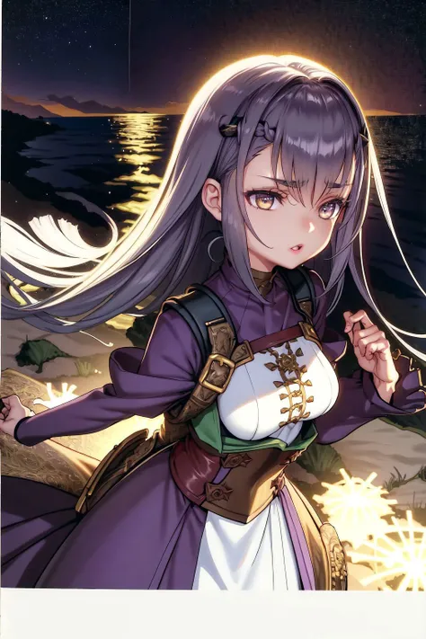 solo, mature female, sick, dark purple hair, dreadlocks, light brown eyes, light green tabard, night, Sea_lavender (flower), floral background <lora:choco_(chocolate_shop)_style_v01:1>