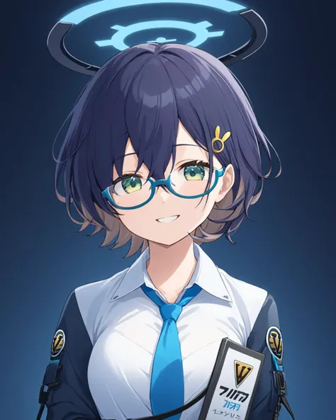 chihiro (blue archive),1girl, halo, solo, glasses, jacket, smile, blue_necktie, upper_body, rabbit_hair_ornament, blue-framed_eyewear, long_sleeves, collared_shirt, semi-rimless_eyewear, white_shirt
<lora:chihiro_(blue_archive)_image606_2023-11-26-000015:1...