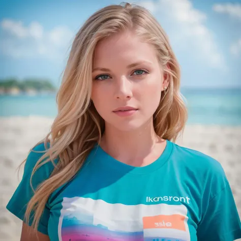 a close up of a woman wearing a blue shirt on a beach