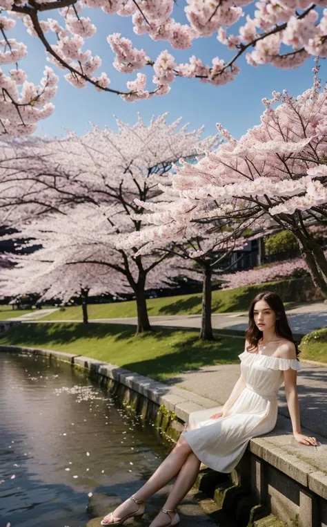 araffe woman sitting on a bench in a park with cherry blossoms