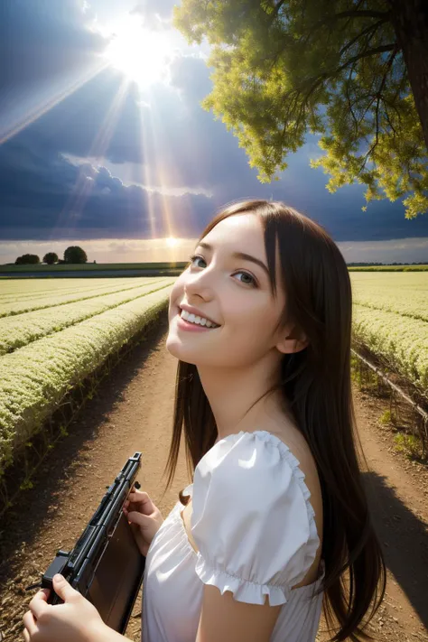 a woman holding a gun in a field with the sun shining