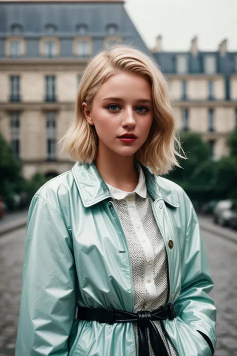 photo of (jsch1aepfer:0.99), a woman, perfect blonde hair, posing, (vintage photo, raincoat), (painted lips), (instagram frame), 24mm, (tintype), (analog, film, film grain:1.3), ((in Paris, daylight, gritty)), ((detailed eyes)), (seductive pose), (epicPhot...