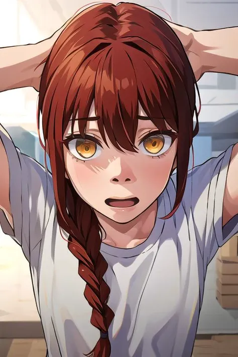 1girl, solo, long braided hair, golden eyes, bangs, red hair, makima (chainsaw man), <lora:makima_offset:1>, white shirt, myhonest reaction, hands behind head,   <lora:mahonest-01:0.9>