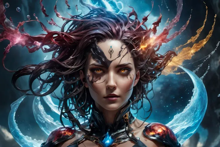 portrait of a sorceress ,awardwinning, 8k,  atmospheric,dramatic,godlike,superpowers,power surge,epic,representation of absolute power,dense particles in the atmosphere,in the style of aleksi briclot,sandra chevrier and mythsxl,<lora:mythsxl:1>