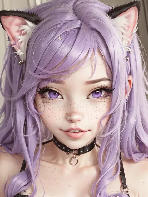 a close up of a woman with purple hair and a cat ear