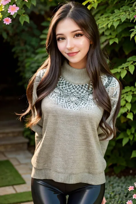 a woman in a sweater and leather pants posing for a picture