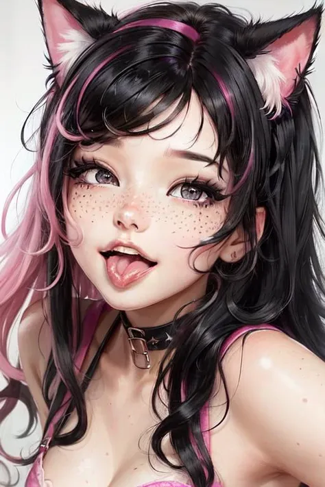 a close up of a woman with pink hair and cat ears