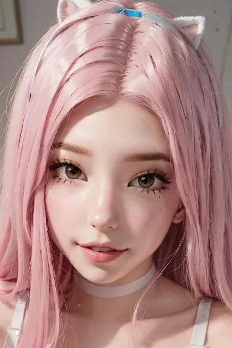 a close up of a person with pink hair and a cat ears