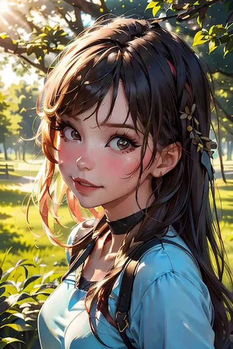 anime girl with long hair and blue shirt in a park