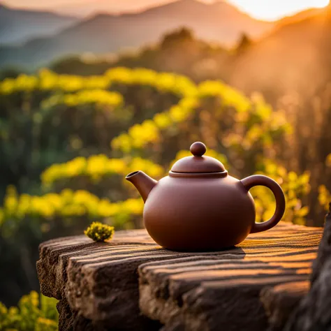 zishahu, yixing clay teapot, teapot, product photography, commercial photography, no humans, outdoors, cup, realistic, blurry background