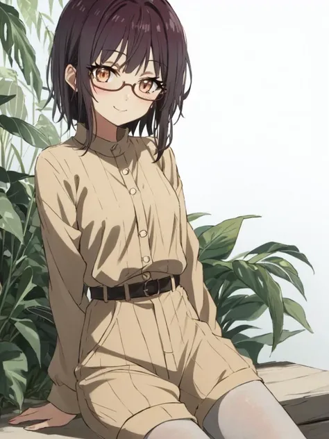 <lora:fujimiya:0.7:NP> fujimiya sumika cute 1girl, copper eyes eyelashes eyeliner underrim eyeglass, dark brown hair shiny hair short cut sidelocks bang naughty smile blush  burgundy jumpsuit  beige pantyhose