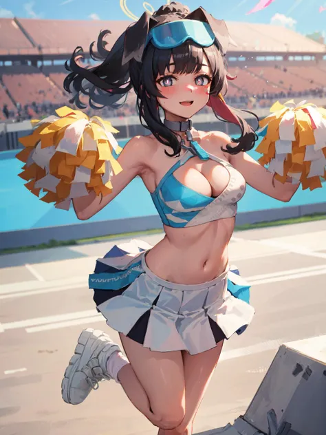 (masterpiece), best quality, ultra detailed, (light rays), best quality, pink shirt, white skirt, baseball stadium, dynamic pose, (loose socks), sneakers, heart choker, ((cleavage cutout)), ((heart cutout)), big hair, small breasts, cleavage, 1girl, solo, ...