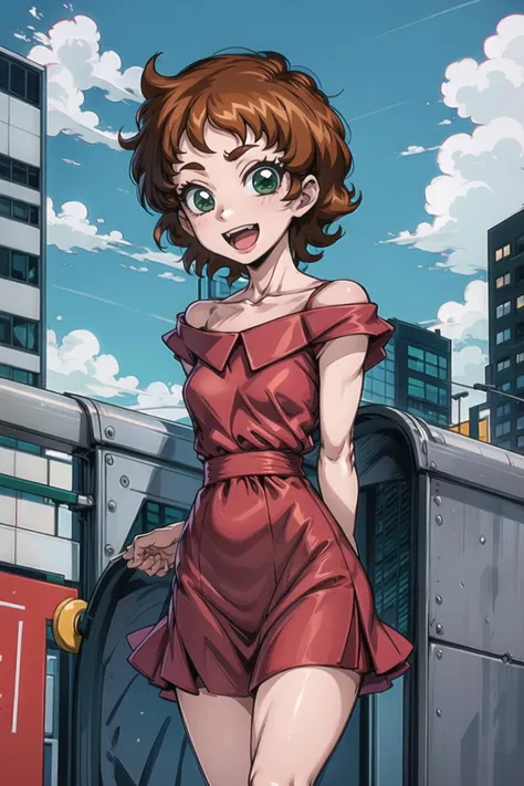 1girl, sndsuzuka, short hair, brown hair, green eyes, collarbone, red dress, :d, looking at viewer, standing, city  <lora:sounanda-suzuka-000004:0.9>