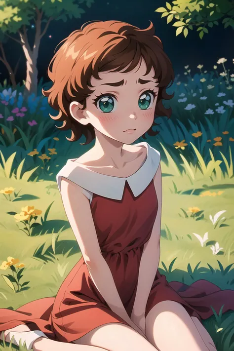 1girl, sndsuzuka, childshort hair, brown hair, arms behind back, green eyes, collarbone, red dress, embarrassed, blush, looking at viewer, sitting, grass field <lora:sounanda-suzuka-000004:0.7>, petite, cameltoe,, (masterpiece:1.2), best quality, high reso...