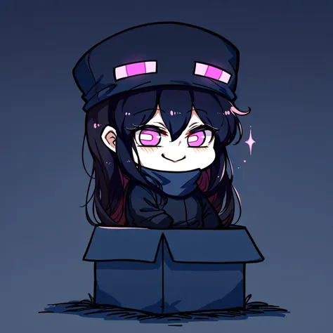 a cartoon girl with pink eyes and a top hat sitting in a box