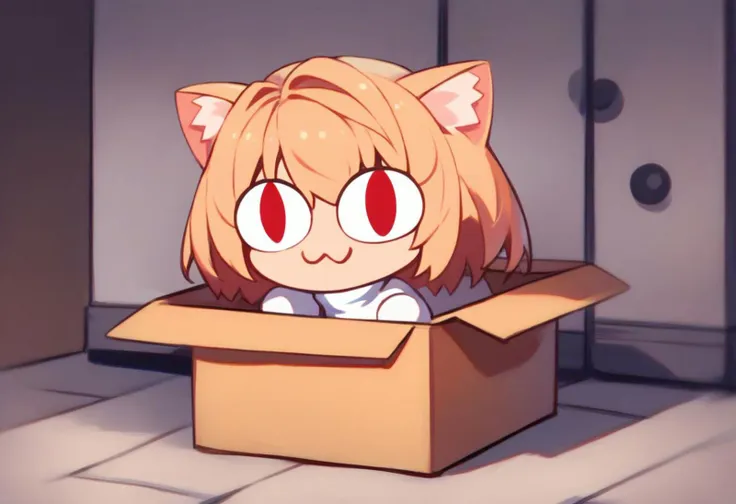 anime girl in a box with a cat ears and red eyes