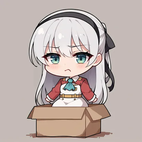 a cartoon girl with white hair and blue eyes sitting in a box