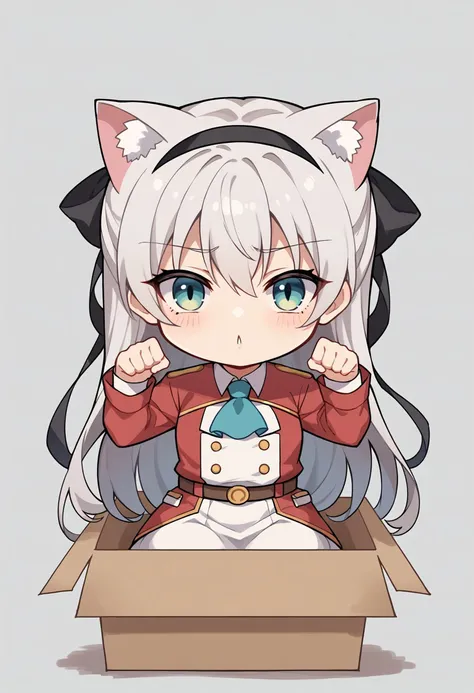 a cartoon cat girl sitting in a box with a cup