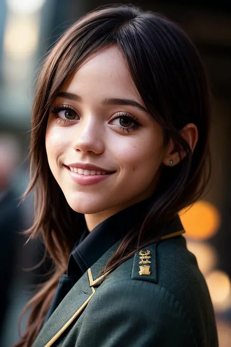 photo of beautiful (j3nna0rt3ga-135:0.99), a woman in a (movie premiere gala:1.1), perfect hair, wearing yellow (military uniform:1.1),  ((Scene:1.1)), (smiling:1.1), modelshoot style, (extremely detailed CG unity 8k wallpaper), professional majestic (phot...