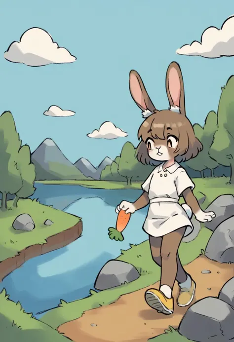 score_9, score_8_up, score_7_up, score_6_up, score_5_up, score_4_up, source_anime,
animal ears, animal focus, blue sky, brown fur, food, grass, lake, no humans, on grass, outdoors, rabbit, rabbit ears, rabbit tail, radish, rock, sky, tail, vegetable, walki...