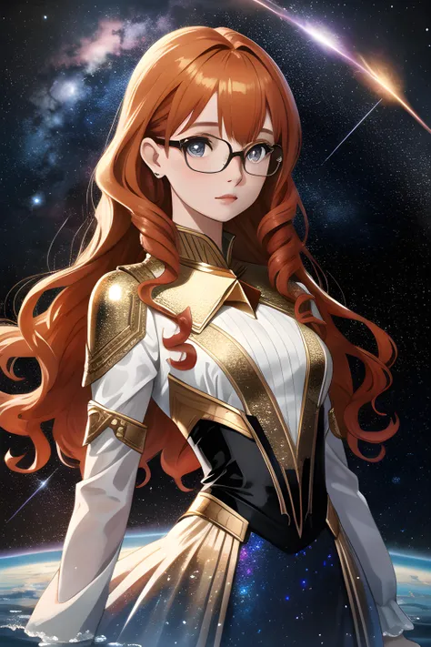 Standing on water, dress made of cosmic stars skies, Abby Jones(cute, young, Lithuanian woman, petite, gold-hazel eyes, small bust, glasses, long curly brunt orange hair) cosmic Space background, dramatic contrast, (MasterPiece) (Detailed)