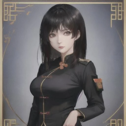 chinese actress Xi Lan,30 years old,Portrait of a girls wearing black military outfit, 
Big breasts,tights,general ranking,Chest  of medals